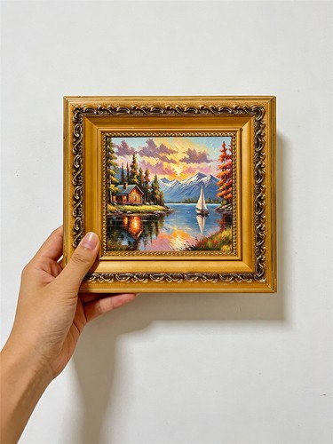 Log cabin lake sunset - lake, custom